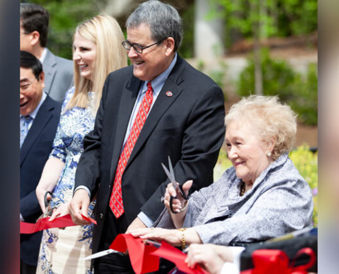 The ribbon cutting included (L to R) Provost S. Jack Hu, VP of PSO Jennifer Frum, President Jere W. Morehead and Deen Day Sanders. (Photo by Shannah Montgomery)