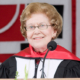 Mary Virginia Terry speaking at the podium after receiving an honorary degree during the 2009 Spring Undergraduate Commencement ceremony.