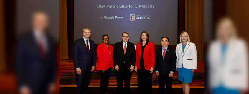 UGA and Georgia Power officials gathered Friday for the announcement of the Georgia Power gift to the university at the Electric Mobility Summit at the Georgia Center for Continuing Education & Hotel. Pictured left to right are Donald Leo, College of Engineering dean; Bentina Terry, senior vice president of customer strategy and solutions at Georgia Power; UGA President Jere W. Morehead; Kim Greene, chairman, president and CEO of Georgia Power; Senior Vice President for Academic Affairs and Provost S. Jack Hu; and Meredith Lackey, executive vice president of external affairs and nuclear development at Georgia Power. (Andrew Davis Tucker/UGA)