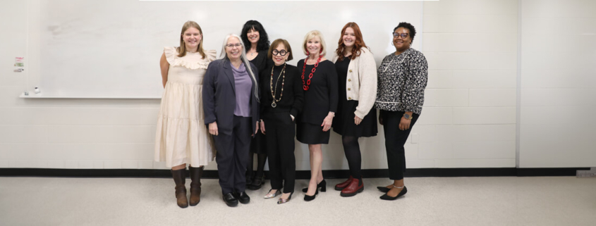 During a trip to Athens in March, Anne Barge Clegg (center) meets with (L to R) Lily Wilkerson, UGA alumna; Anisa M. Zvonkovic, dean of the College of Family and Consumer Sciences (FACS); Monica Sklar, FACS associate professor and Historic Clothing and Textiles Collection curator; Stella Williams Bailey, longtime friend of Clegg and UGA alumna; Jenna Richards, FACS student; and Noel Corbin, FACS graduate student.