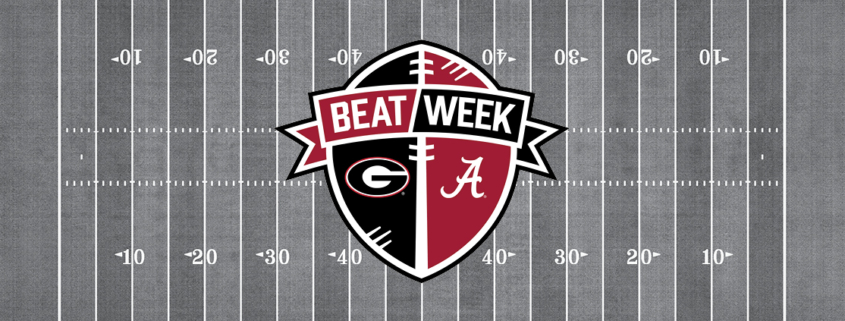 Beat Week promo mark showcasing the Georgia vs. Alabama giving challenge on top of a football field background.